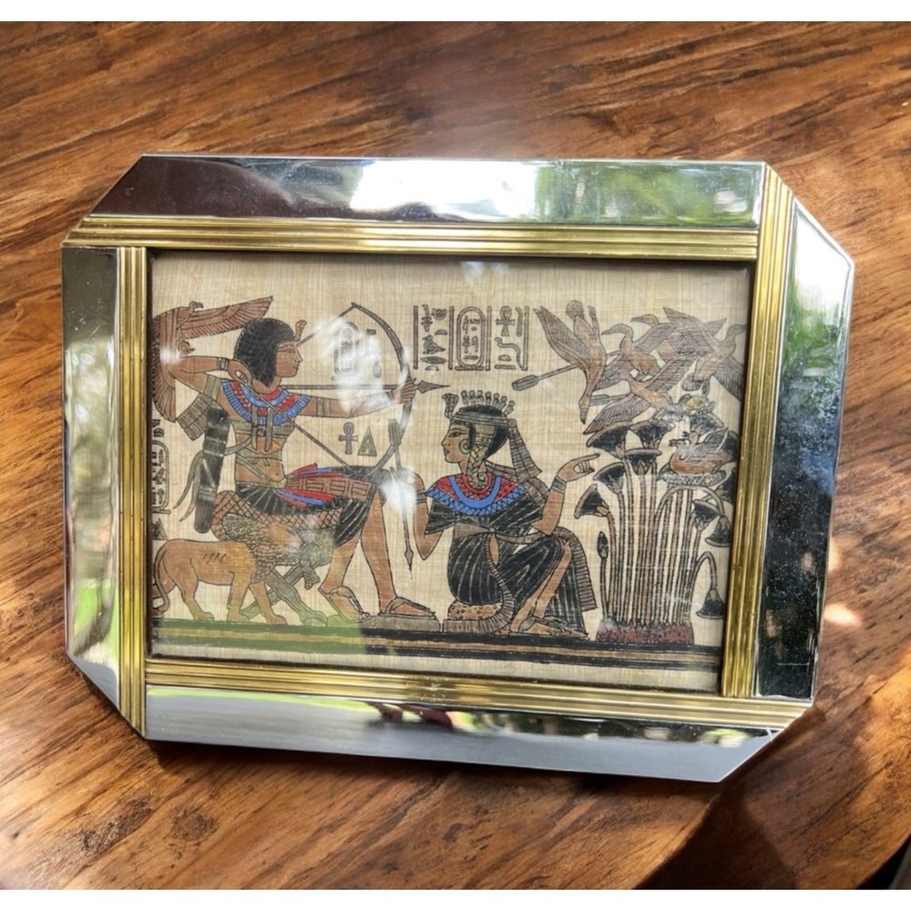 VTG Egyptian Genuine Papyrus Painting Hand Painted Pharaoh Queen Hunt Scene